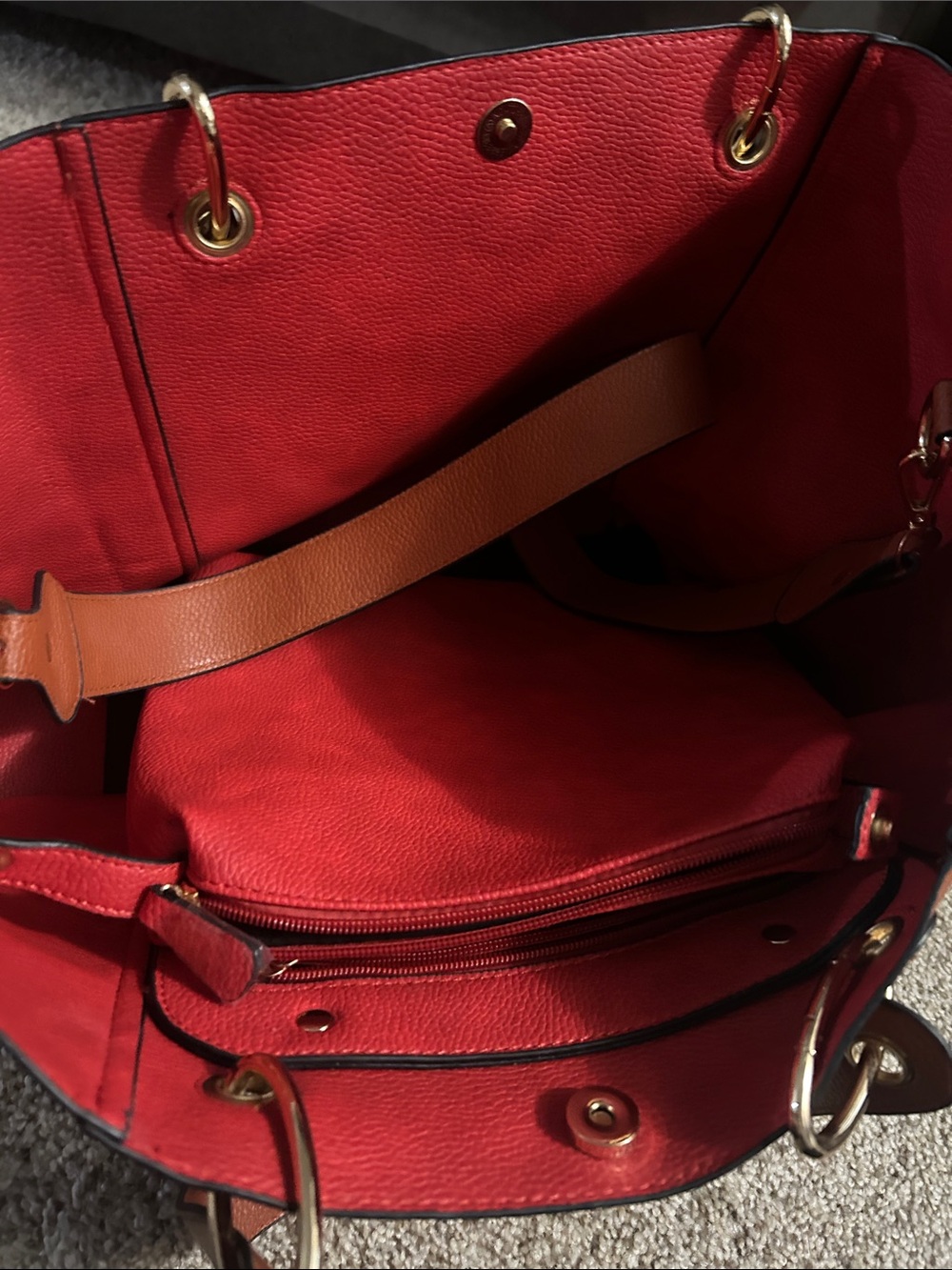 Unlisted Brown Pebbled Tote with Red Interior and Gold Ring Handles - Picture 2 of 5